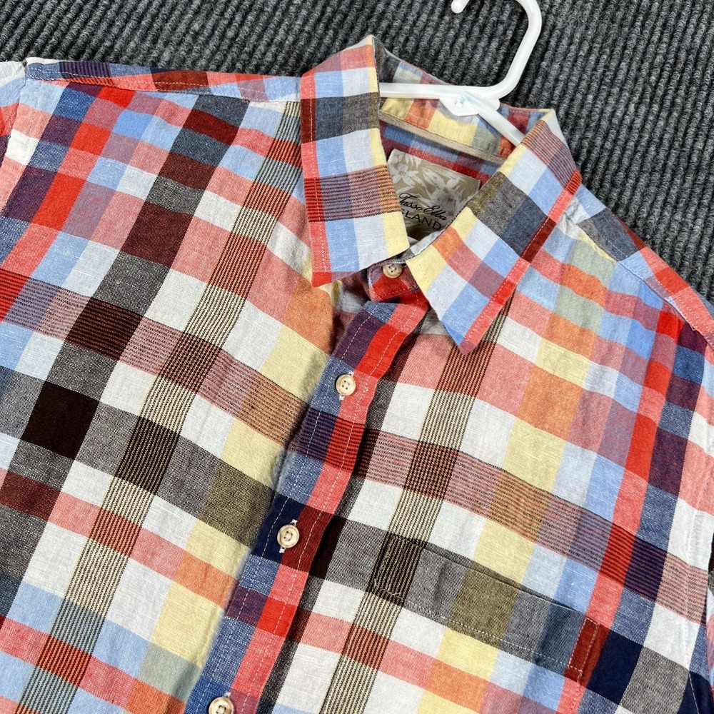 Tasso Elba Island Shirt Mens Medium Red Plaid SHort Sleeve Button Up Linen Blend
